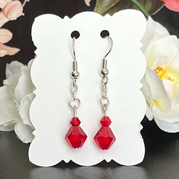 Hand Crafted Red Glass Dangle Earrings Deep Red Color Bicone Glass Earrings - Picture 2 of 4